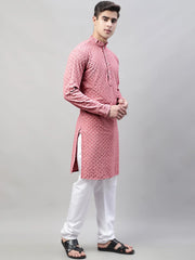 Men Coral Red Chikankari Embroidered and Sequence Kurta with Churidar-JOKP-678