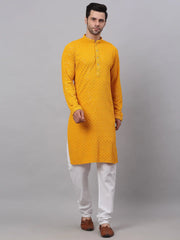 Men Mustard Chikankari Embroidered and Sequence Kurta with Churidar ( JOKP 678 Mustard ) [FF] [L-1-4]
