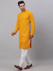Men Mustard Chikankari Embroidered and Sequence Kurta with Churidar ( JOKP 678 Mustard ) [FF] [L-1-4]