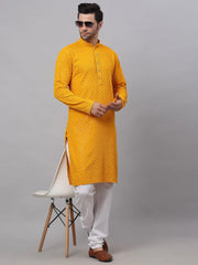 Men Mustard Chikankari Embroidered and Sequence Kurta with Churidar ( JOKP 678 Mustard ) [FF] [L-1-4]