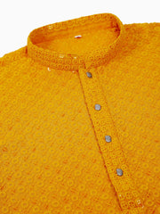 Men Mustard Chikankari Embroidered and Sequence Kurta with Churidar ( JOKP 678 Mustard ) [FF] [L-1-4]