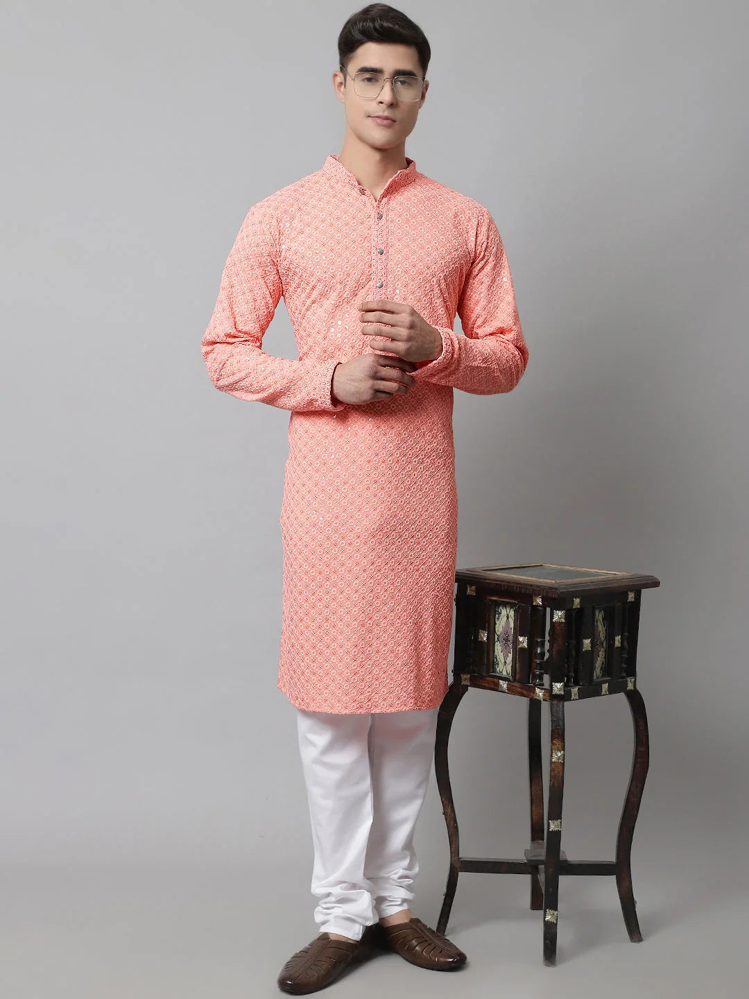 Peach Chikankari Mens Kurta Pajama Set | Embroidered Kurta
