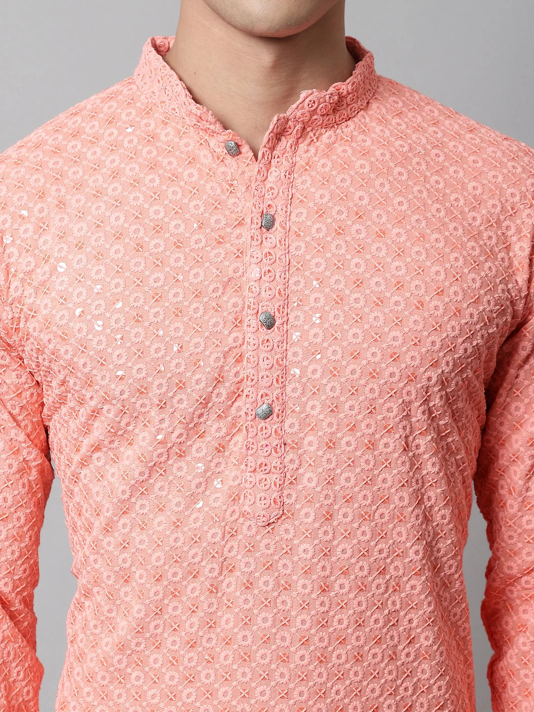 Peach Chikankari Mens Kurta Pajama Set | Embroidered Kurta
