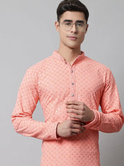 Men Peach Chikankari Embroidered and Sequence Kurta with Churidar ( JOKP 678Peach )-JOKP-678