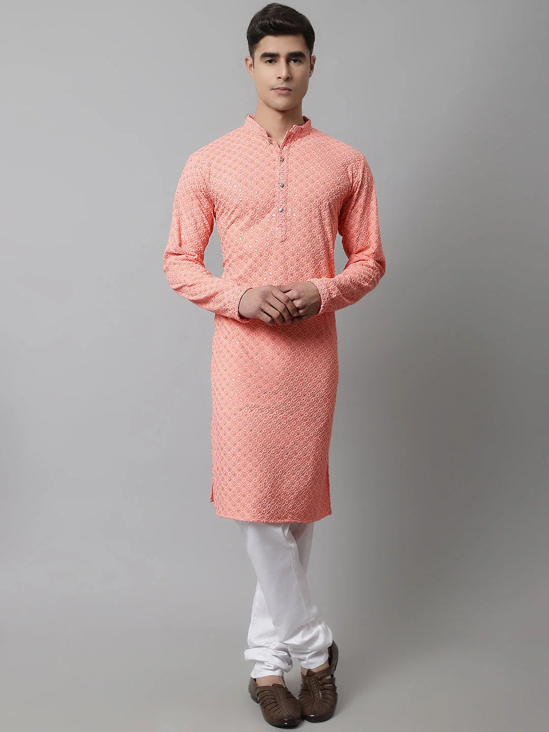 Peach Chikankari Mens Kurta Pajama Set | Embroidered Kurta