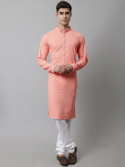 Men Peach Chikankari Embroidered and Sequence Kurta with Churidar ( JOKP 678Peach )-JOKP-678