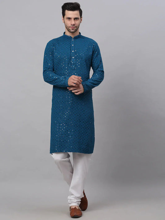 Men Peacock Blue Chikankari Embroidered and Sequence Kurta with Churidar-JOKP-678Peacock 1080