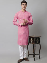 Men Pink Chikankari Embroidered and Sequence Kurta with Churidar-JOKP-678
