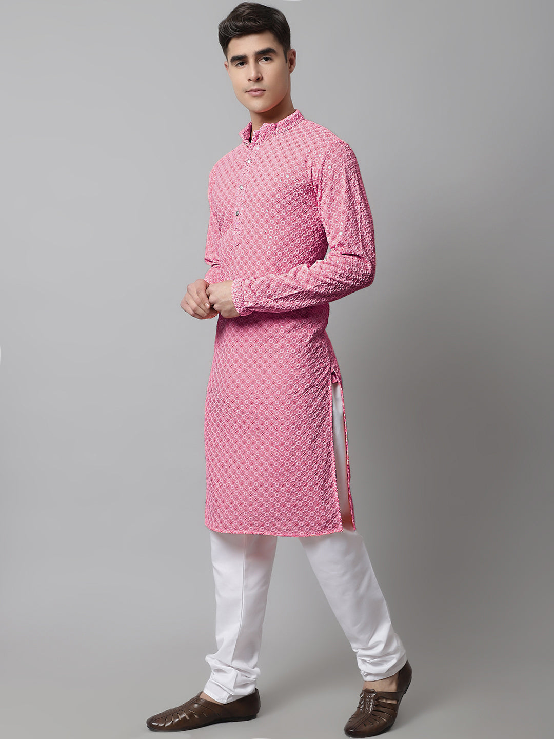 Pink Chikankari Mens Kurta Churidar - Embroidered Cotton Kurta