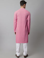 Men Pink Chikankari Embroidered and Sequence Kurta with Churidar-JOKP-678