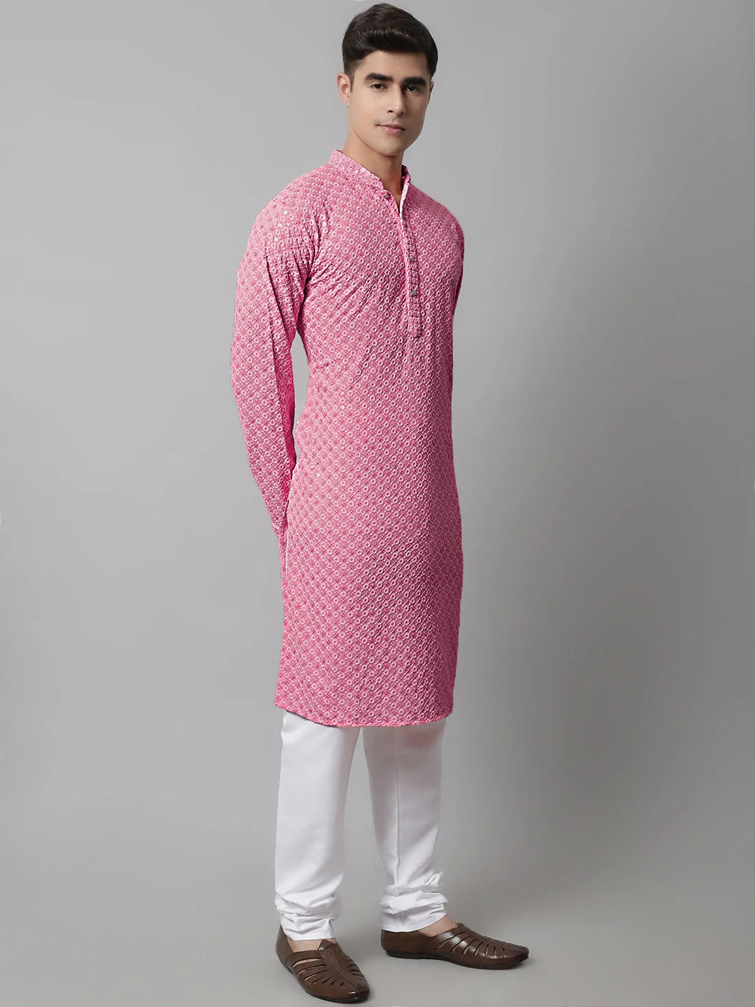 Pink Chikankari Mens Kurta Churidar - Embroidered Cotton Kurta