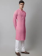 Men Pink Chikankari Embroidered and Sequence Kurta with Churidar-JOKP-678