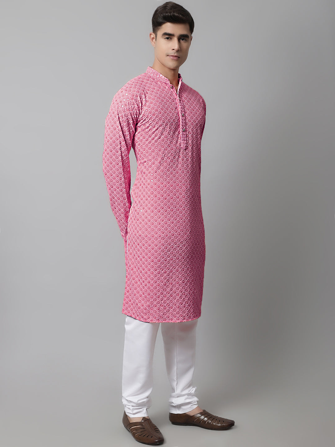 Pink Chikankari Mens Kurta Churidar - Embroidered Cotton Kurta
