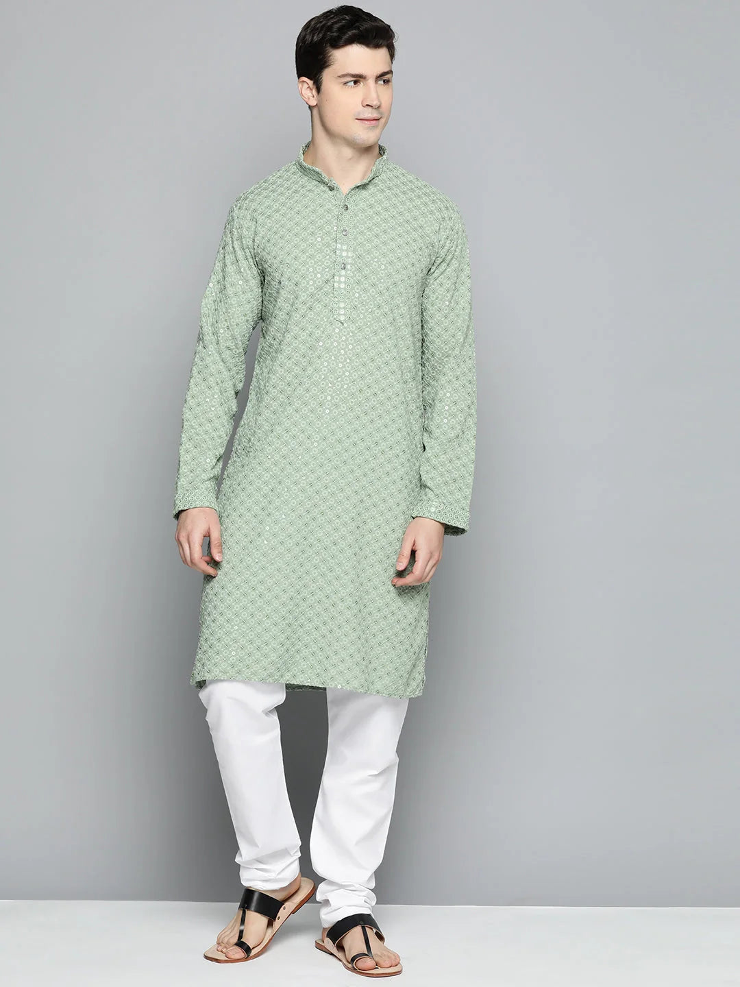 Pista Green Chikankari Mens Kurta Pajama Set with Churidar