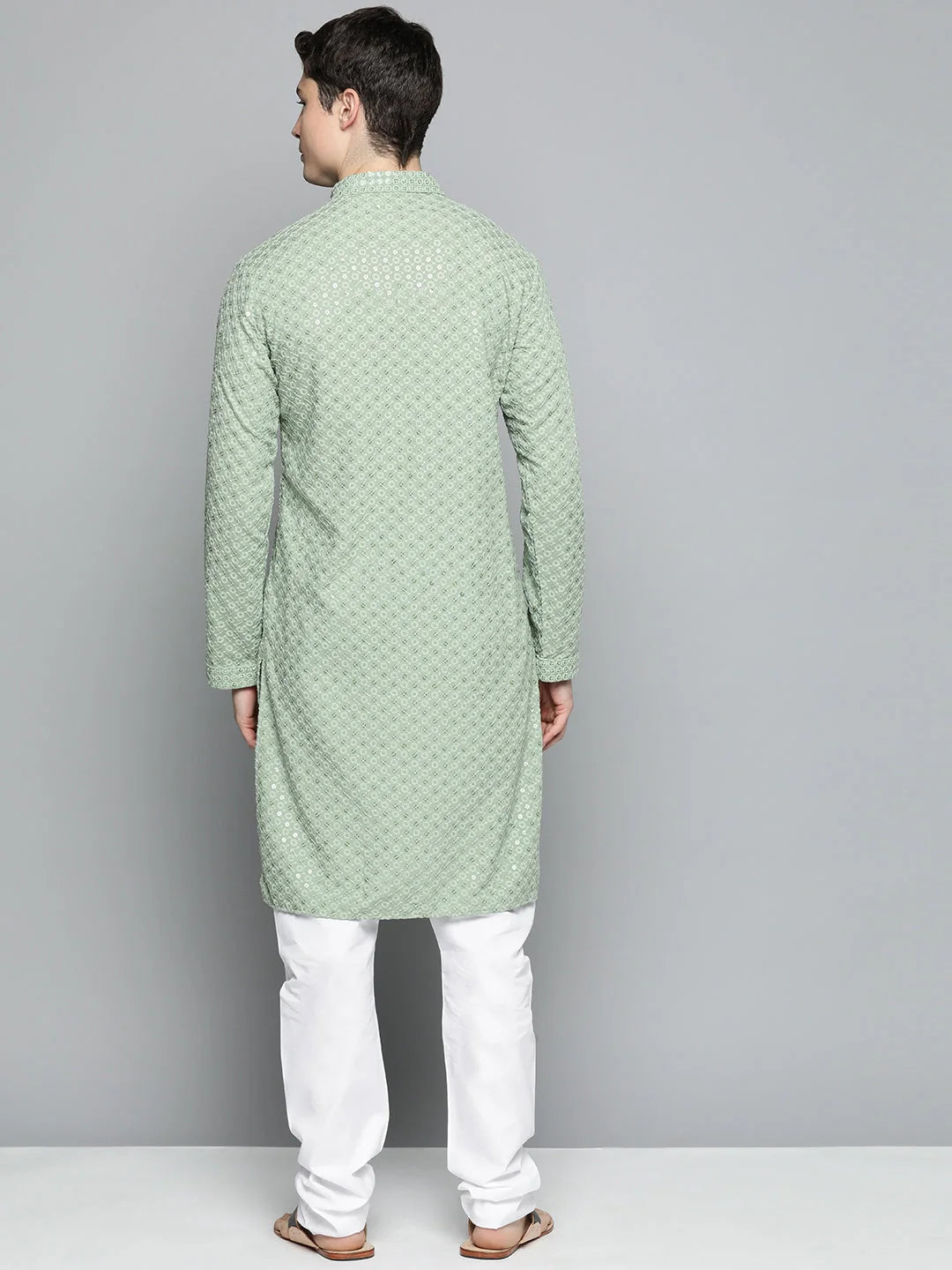 Pista Green Chikankari Mens Kurta Pajama Set with Churidar