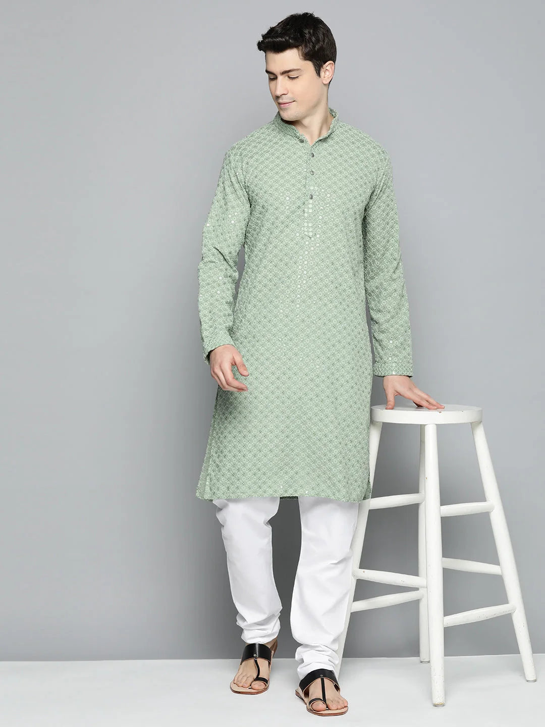 Pista Green Chikankari Mens Kurta Pajama Set with Churidar
