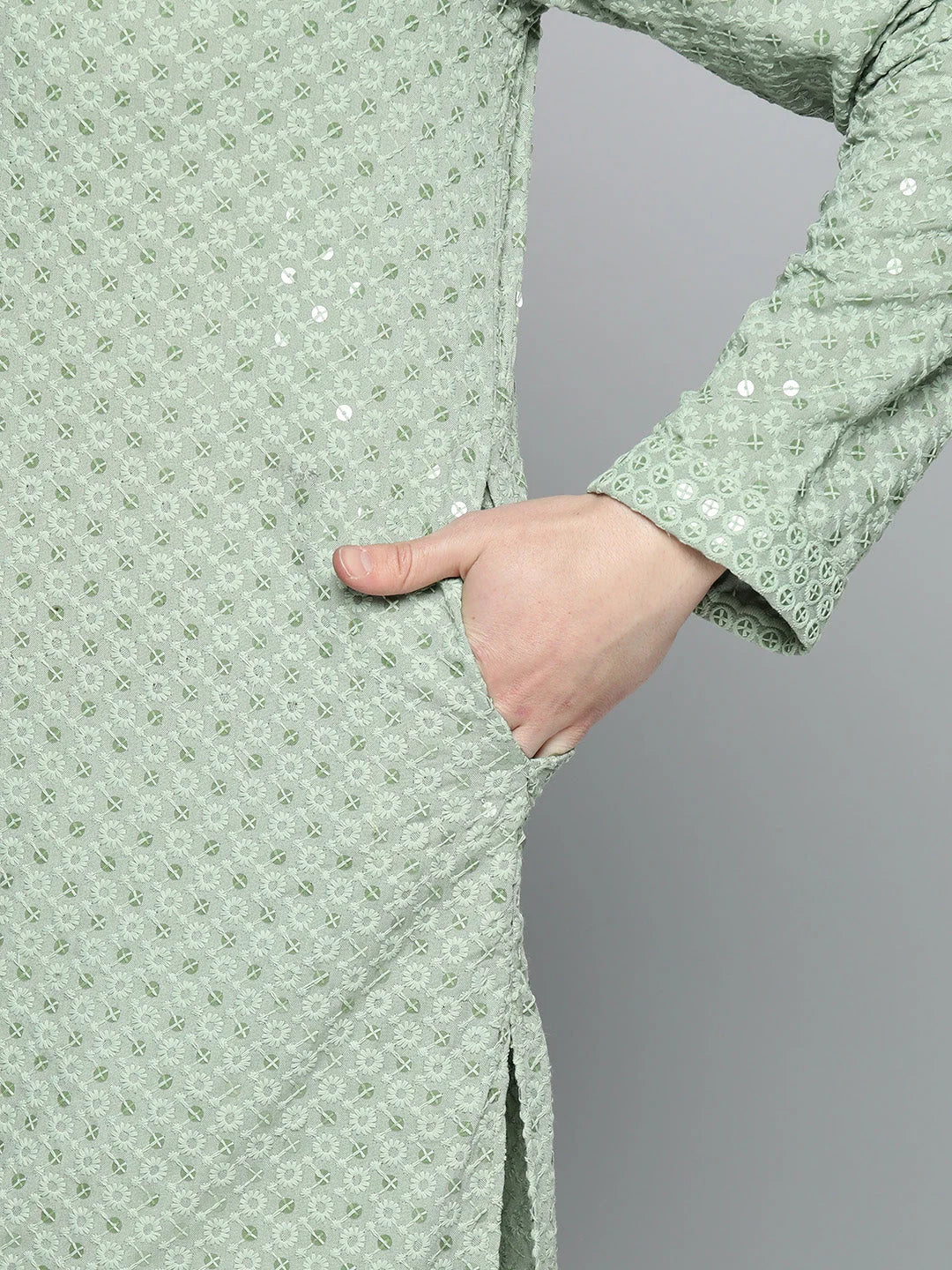 Pista Green Chikankari Mens Kurta Pajama Set with Churidar
