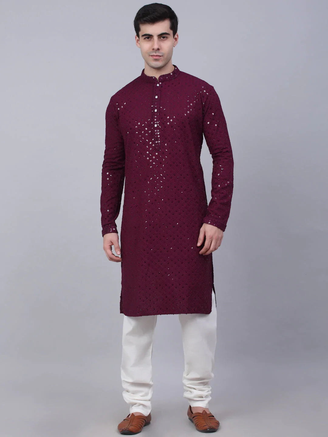 Men Purple Chikankari Embroidered and Sequence Kurta with Churidar ( JOKP 678 Purple ) [FF] [L-1-4]