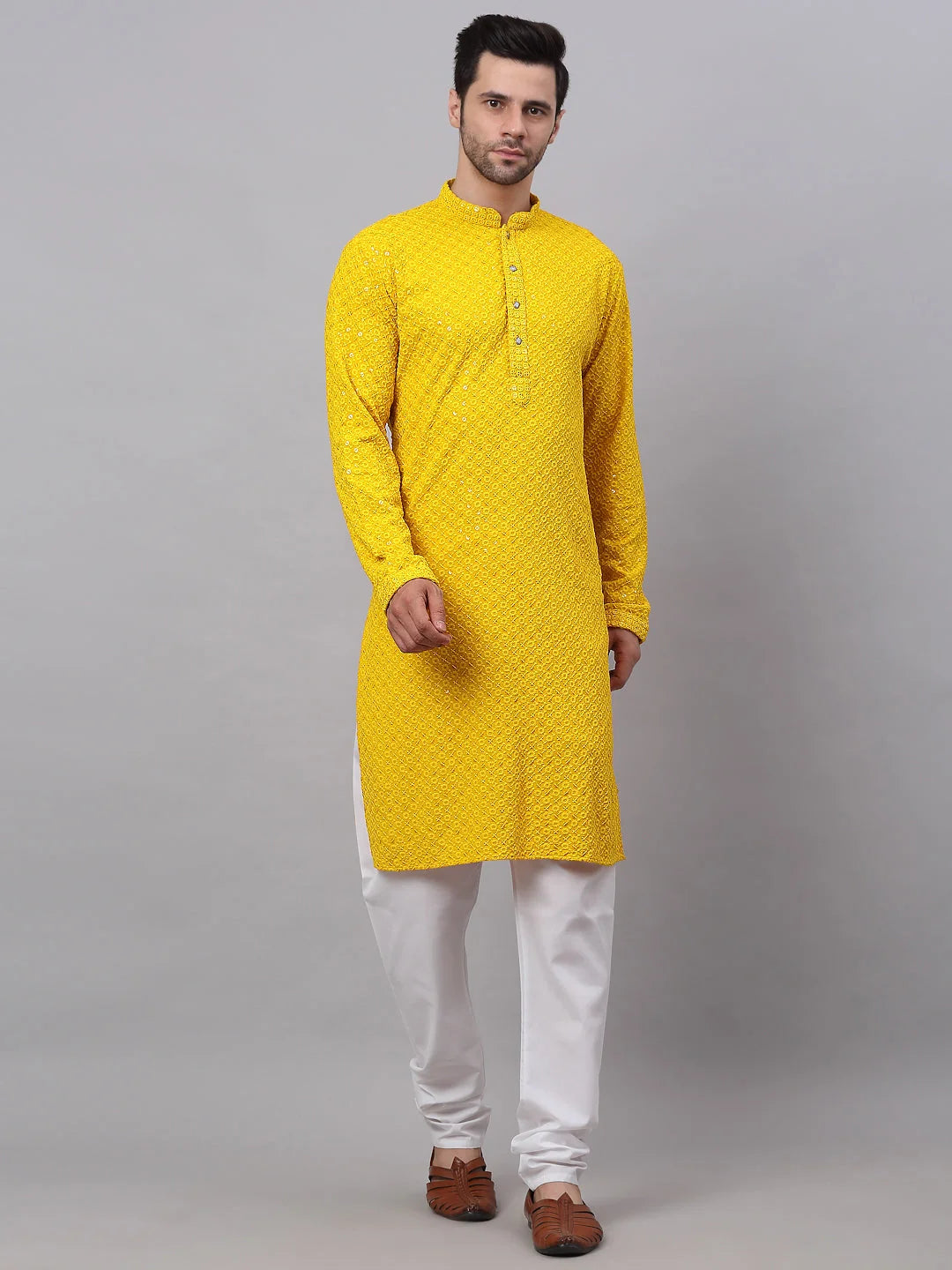 Amazing Yellow Chikankari Mens Kurta Pajama Set - Embroidered Kurta