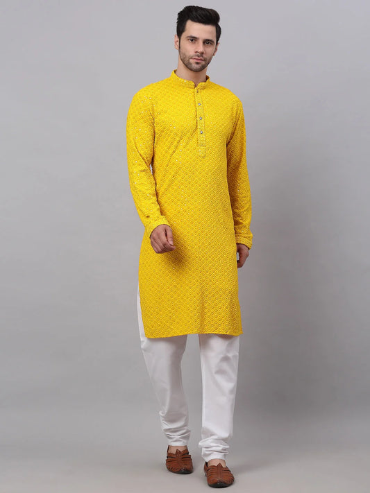 Men Yellow Chikankari Embroidered and Sequence Kurta with Churidar ( JOKP 678Yellow )-JOKP-678 1080