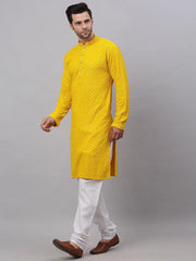Men Yellow Chikankari Embroidered and Sequence Kurta with Churidar ( JOKP 678Yellow )-JOKP-678