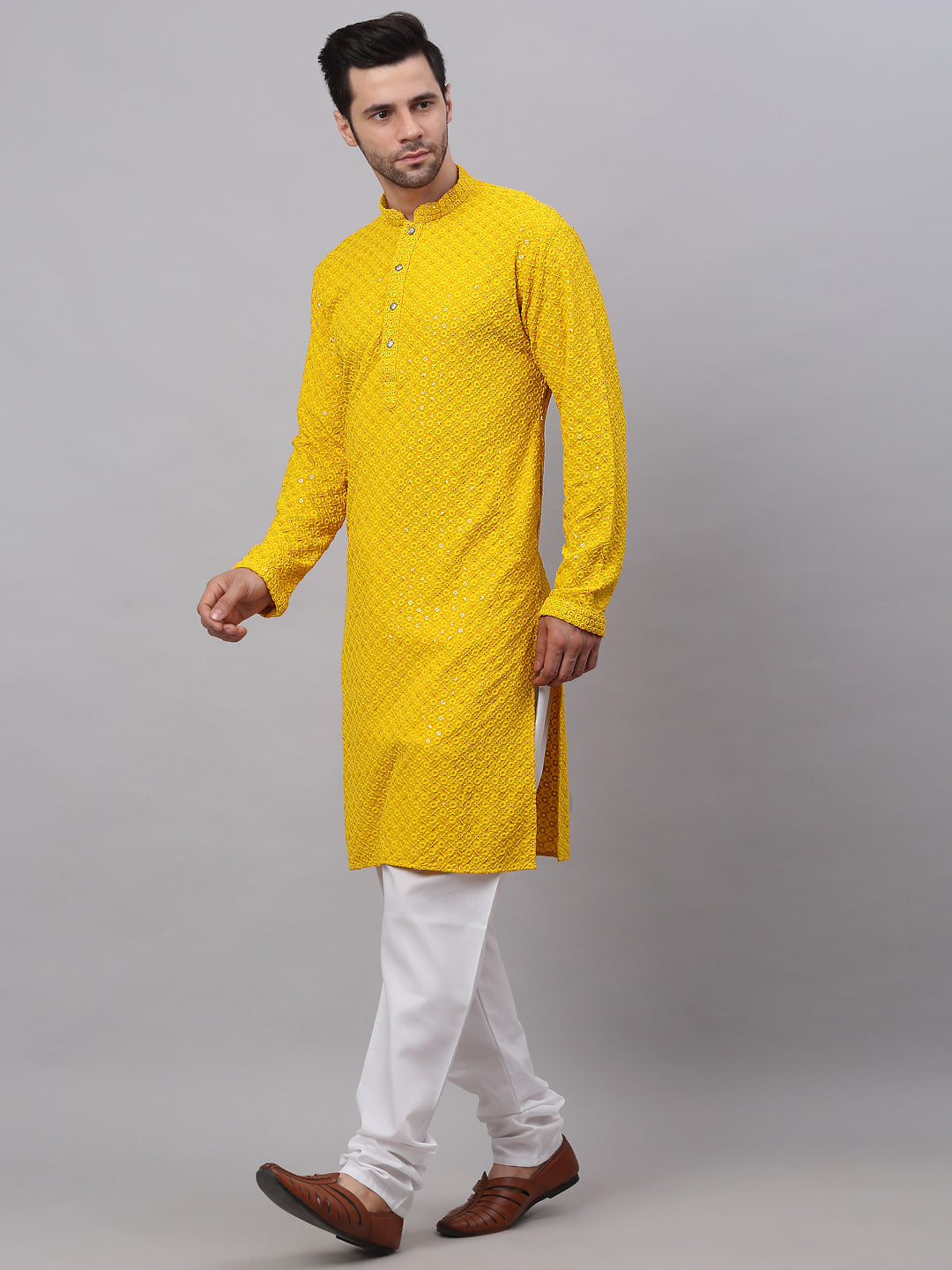 Amazing Yellow Chikankari Mens Kurta Pajama Set - Embroidered Kurta