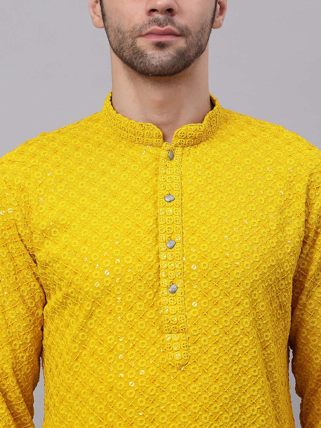 Amazing Yellow Chikankari Mens Kurta Pajama Set - Embroidered Kurta