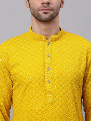 Men Yellow Chikankari Embroidered and Sequence Kurta with Churidar ( JOKP 678Yellow )-JOKP-678