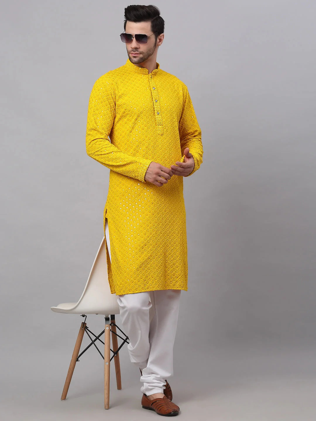 Amazing Yellow Chikankari Mens Kurta Pajama Set - Embroidered Kurta