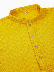 Men Yellow Chikankari Embroidered and Sequence Kurta with Churidar ( JOKP 678Yellow )-JOKP-678