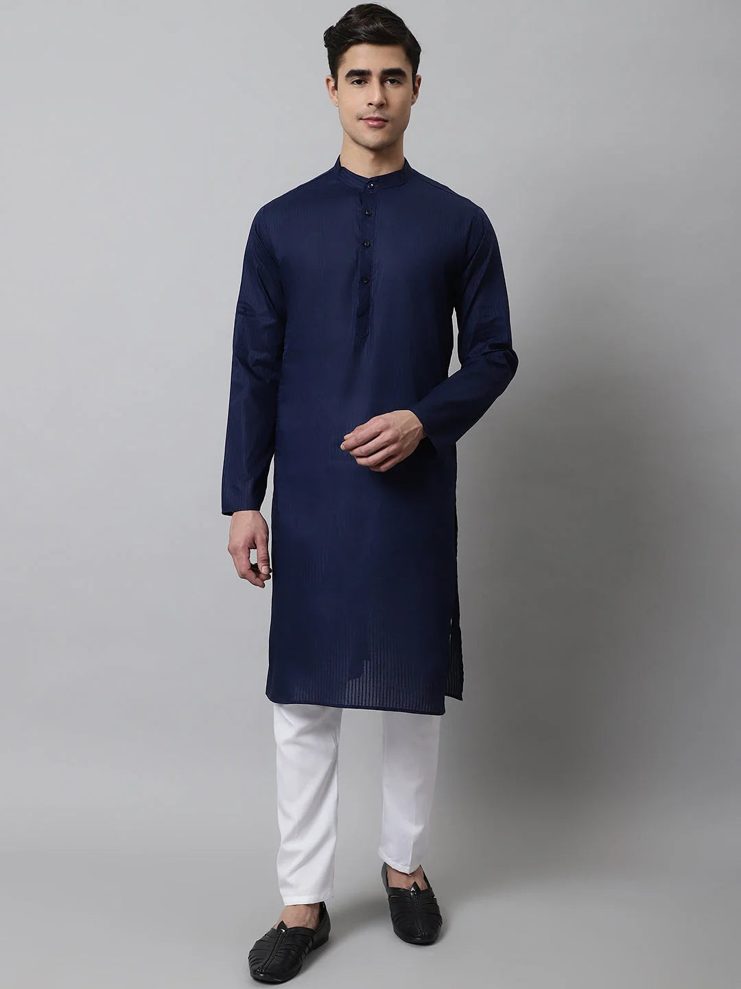 Navy Striped Cotton Mens Kurta Pajama Set | Classic Look