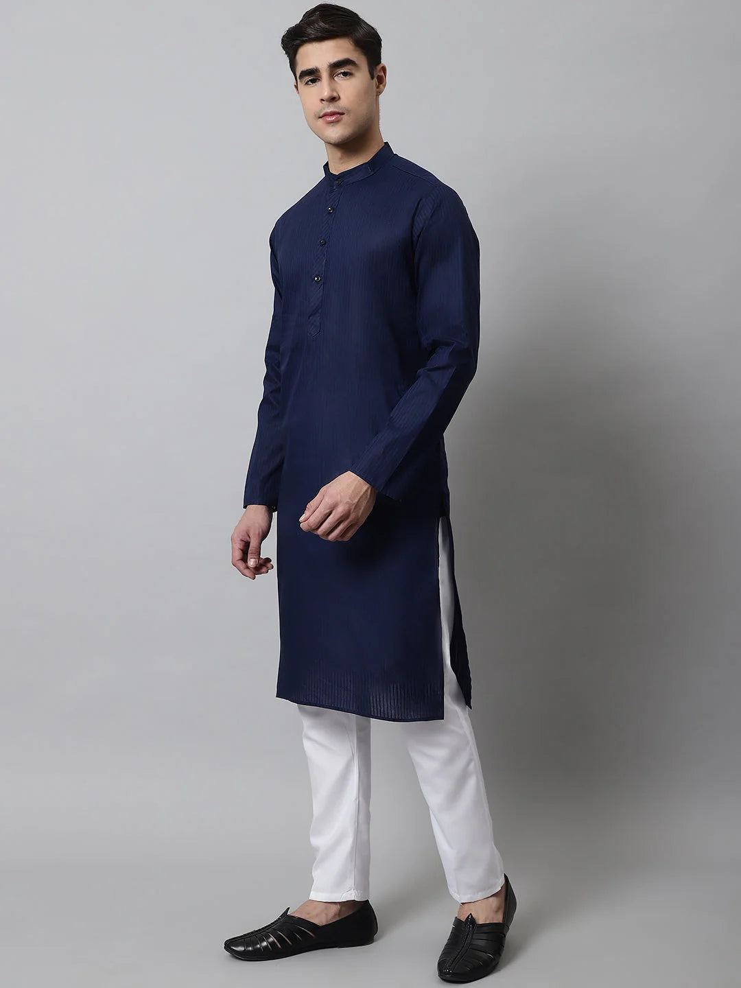 Navy Striped Cotton Mens Kurta Pajama Set | Classic Look