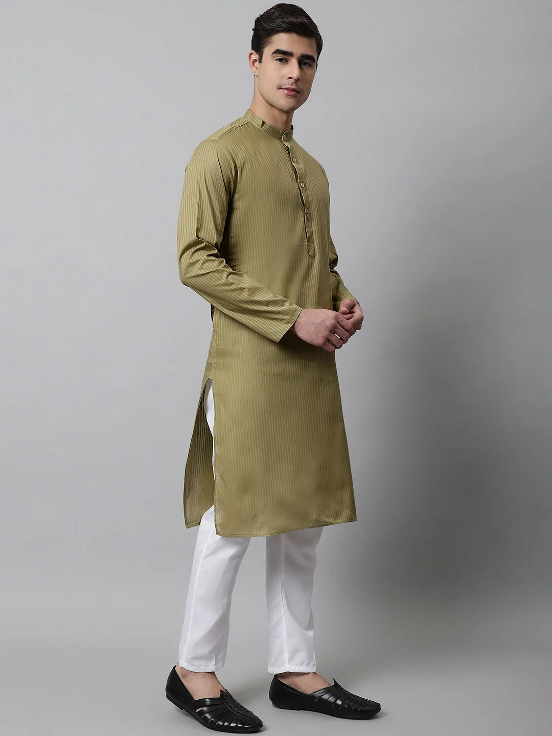 Olive Green Cotton Mens Kurta Pajama Set | Stylish Pathani