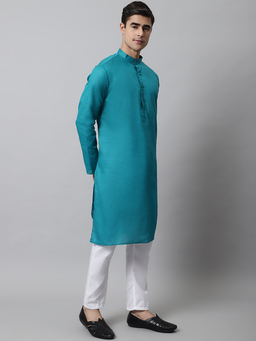 Teal Blue Cotton Mens Kurta Pajama Set | Stylish Ethnic Wear