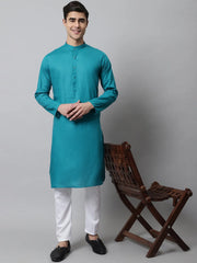 Men's Teal Blue Cotton Striped Kurta Payjama Sets ( JOKP 679Teal )-JOKP-679