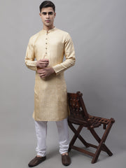Men Ethnic Beige Woven Design Kurta with Pyjamas-JOKP-681