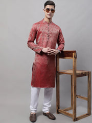 Men Ethnic Maroon Woven Design Kurta with Pyjamas-JOKP-681