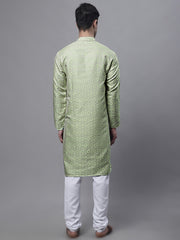 Men Ethnic Pista Green Woven Design Kurta with Pyjamas ( JOKP 681 Pista ) [FF] [I-1-4]