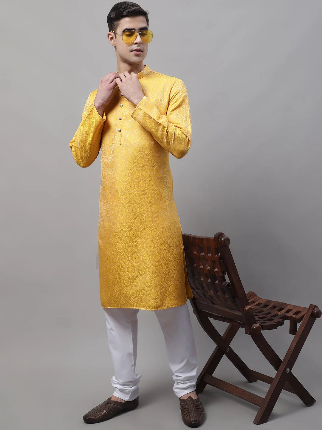 Yellow Woven Design Mens Kurta Pajama Set | Ethnic Fashion