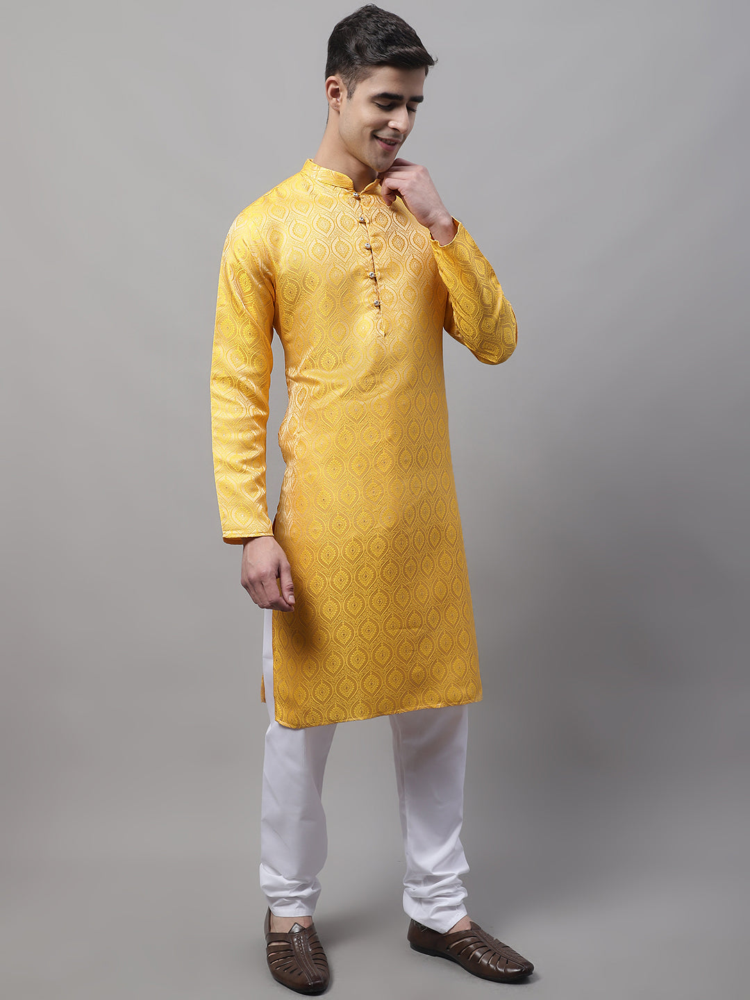 Yellow Woven Design Mens Kurta Pajama Set | Ethnic Fashion