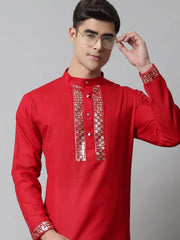 Men Black Embroidered Kurta with Pyjama ( JOKP 682Red )-JOKP-682