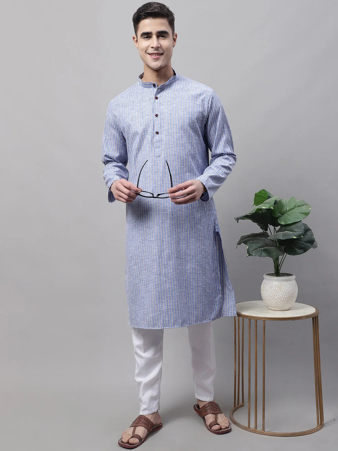Blue & White Striped Mens Kurta Pajama Set | Ethnic Style
