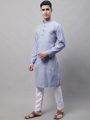Men Blue and White Striped Kurta with Pyjama-JOKP-683