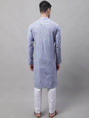 Men Blue and White Striped Kurta with Pyjama-JOKP-683