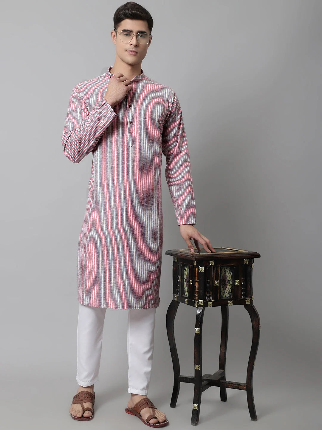 Men Coral Red Striped Kurta with Pyjama ( JOKP 683Coral )-JOKP-683