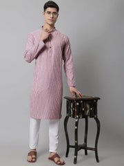 Men Coral Red Striped Kurta with Pyjama ( JOKP 683Coral )-JOKP-683