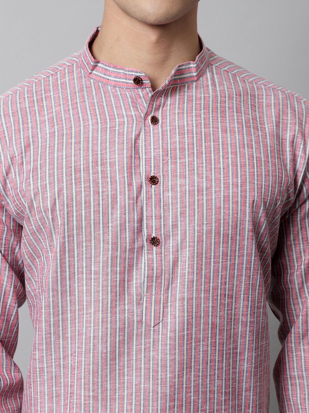 Coral Red Striped Mens Kurta Pajama Set | Ethnic Pathani Suit