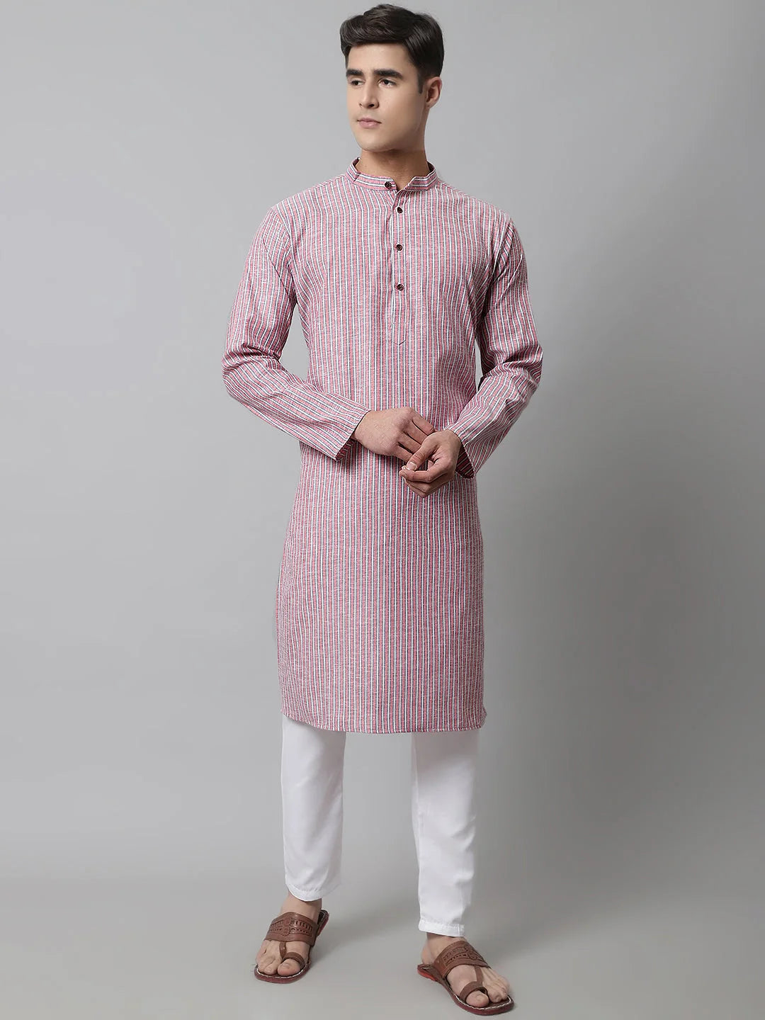 Coral Red Striped Mens Kurta Pajama Set | Ethnic Pathani Suit