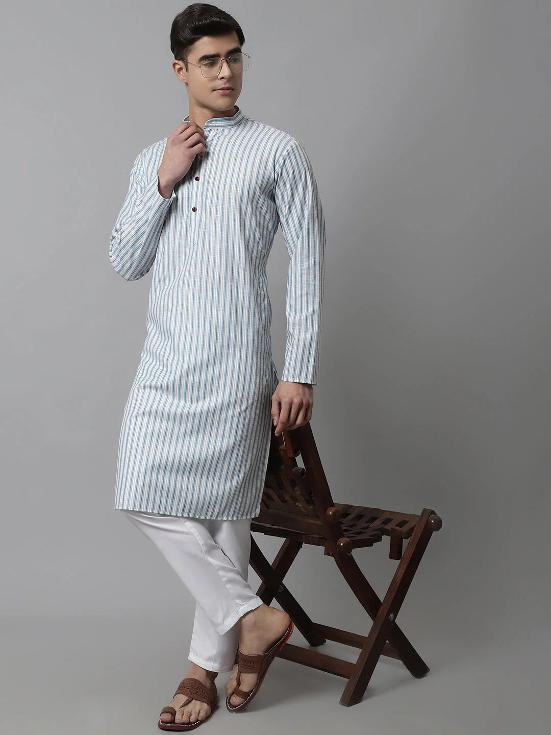 Men Sky Blue and White Striped Kurta with Pyjama ( JOKP 683Sky )-JOKP-683