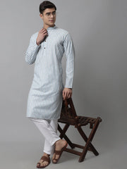 Men Sky Blue and White Striped Kurta with Pyjama ( JOKP 683Sky )-JOKP-683